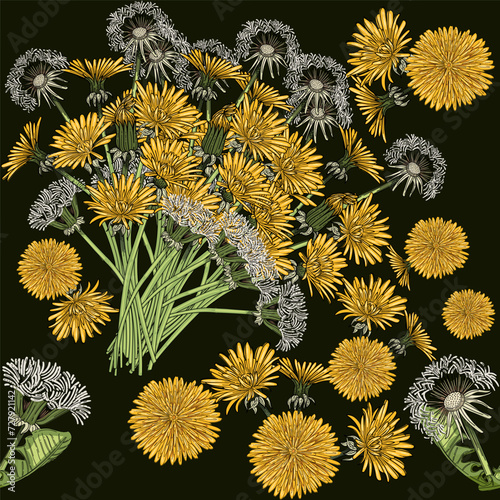 Seamless pattern dandelion flower head hand drawn colorful sketch for drawing book vector illustration on brown background