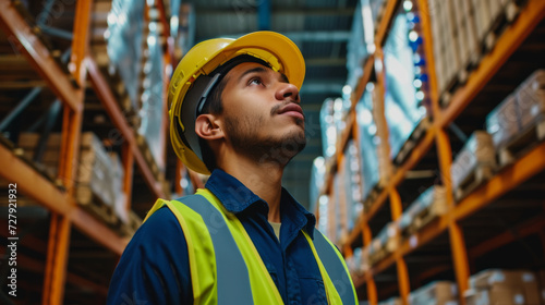 young man in a warehouse wearing a yellow safety helmet and a reflective vest, with his arms crossed, looking up contemplatively amidst rows of high shelving filled with boxes