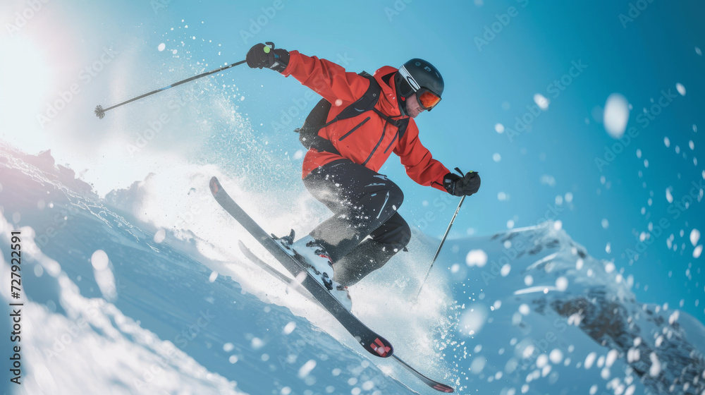 skier in a bright red jacket is dynamically descending a snow-covered mountain slope