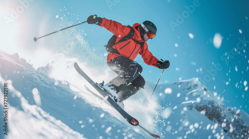 skier in a bright red jacket is dynamically descending a snow-covered mountain slope