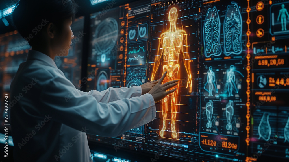 a healthcare professional interacting with a futuristic digital interface displaying an Electronic Medical Record (EMR). The holographic screen shows a human figure with various medical data points su a healthcare professional interacting with a futuristic digital interface displaying an Electronic Medical Record (EMR). The holographic screen shows a human figure with various medical data points su