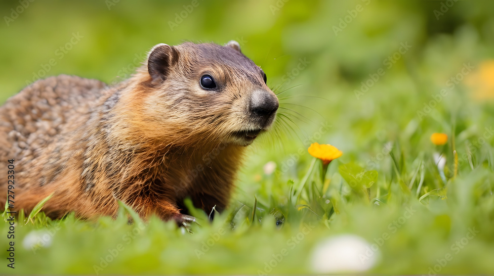 Groundhog (Marmota monax), also known as a woodchuck, feeding on grass during summer. Selective focus, background blur and foreground blur. Copy Space Groundhog (Marmota monax), also known as a woodchuck, feeding on grass during summer. Selective focus, background blur and foreground blur. Copy Space