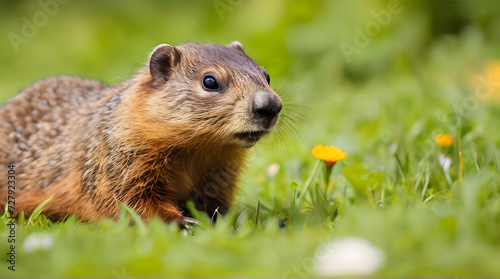 Groundhog (Marmota monax), also known as a woodchuck, feeding on grass during summer. Selective focus, background blur and foreground blur. Copy Space © Hanna Ohnivenko