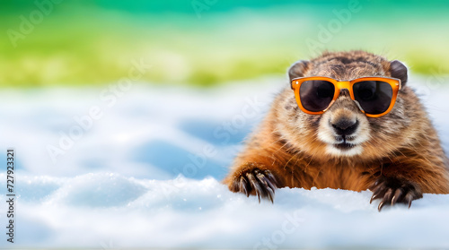 Funny groundhog in sunglasses on the snow, blurred green grass background, happy groundhog day concept, copy space, welcome spring coming © Hanna Ohnivenko