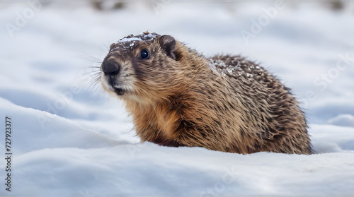 Groundhog covered in snow on Groundhog Day