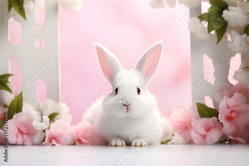Cute Easter spring bunny in flowers, banner symbol of Easter, on a pink background