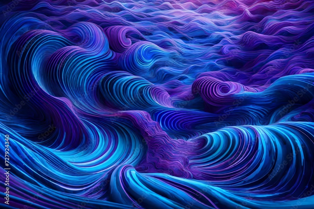 Electric blue and purple waves merging in a psychedelic spectacle - obrazy, fototapety, plakaty 