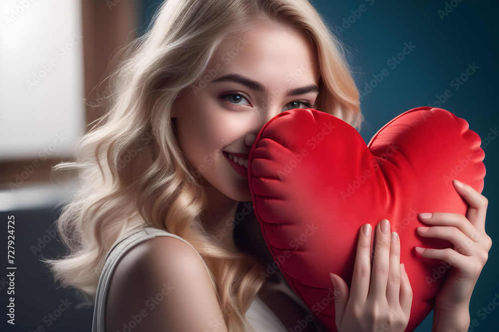 young attractive blonde woman holding a red pillow in the shape of a heart and laughing, smile, cute, love, valentine's day, portrait young attractive blonde woman holding a red pillow in the shape of a heart and laughing, smile, cute, love, valentine's day, portrait