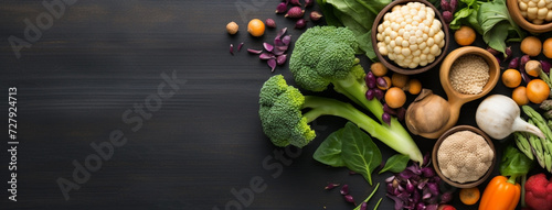Wide view from above banner image of Vegetarian Day food banner with different types of vegetables and fruit items in a manner on black color wooden table mockup photo