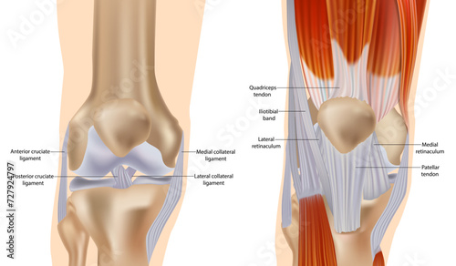 Knee anatomy including ligaments, cartilage and meniscus. Detailed Anatomy of the Knee Joint. Muscles and Tendons photo