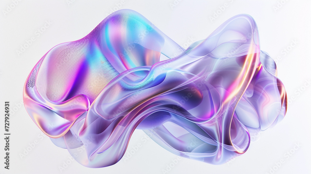 Abstract holographic shape floating on white background. Transparent glass texture on wavy figure. Abstract holographic shape floating on white background. Transparent glass texture on wavy figure.