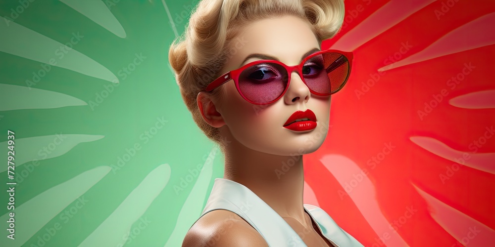 A retro-style summer background adorned with pastel colors, accentuating the charm of a fashion-forward woman sporting oversized sunglasses.
