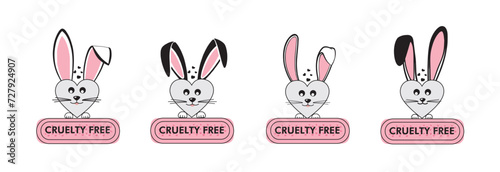 cruelty free icon set, bunny cruelty free heart round symbols, set of 4 cruelty-free badges, tags, labels, , Set of 4 black and pink icons with white a rabbit (bunny) and titles "Cruelty free"