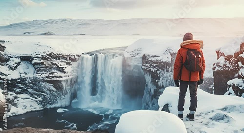Person in red jacket looking at a winter waterfall. Adventure and nature concept. photo