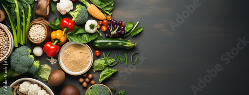 Wide view from above banner image of Vegetarian Day food banner with different types of vegetables and fruit items in a manner on black color wooden table mockup