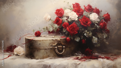 Bouquet of Red Roses and Lock Box , Valentine , Oil Painting