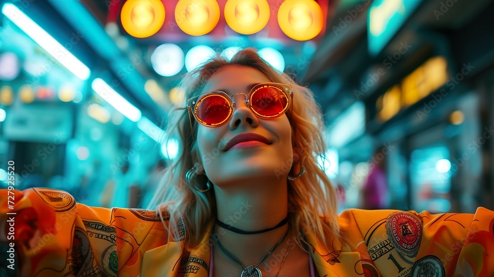 Stylish Woman in Sunglasses with Urban Lights., Bitcoin and cryptocurrency concept