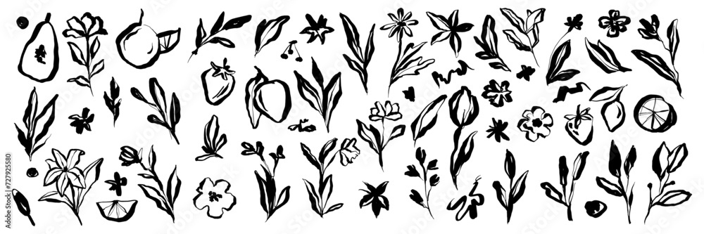 Doodle ink floral sketch set, vector flower brushstroke collection, hand drawn organic icon kit. Abstract naive botanical outline modern spring decoration design element. Doodle floral texture clipart
