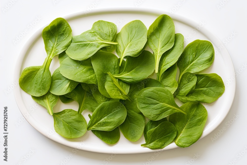 Spinach leaves on a white plate, accentuated by the simplicity of a clean white table for a fresh and appealing presentation. Spinach leaves on a white plate, accentuated by the simplicity of a clean white table for a fresh and appealing presentation.