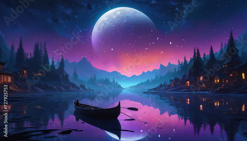 Fantasy night landscape with boat on the lake and full moon in the sky © Badr