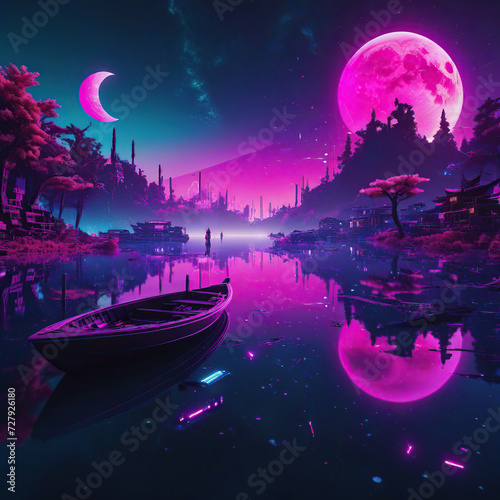 Fantasy night landscape with boat on the lake and full moon in the sky