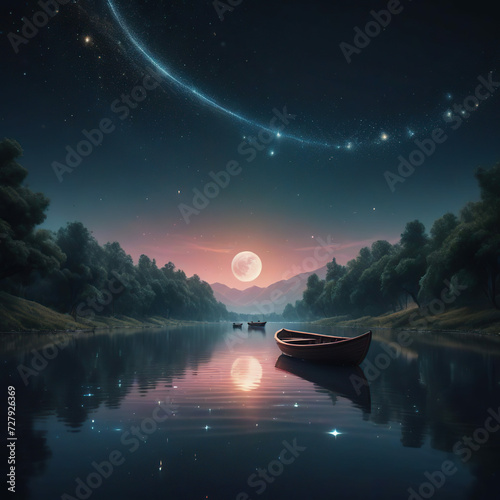 Fantasy night landscape with boat on the lake and full moon in the sky