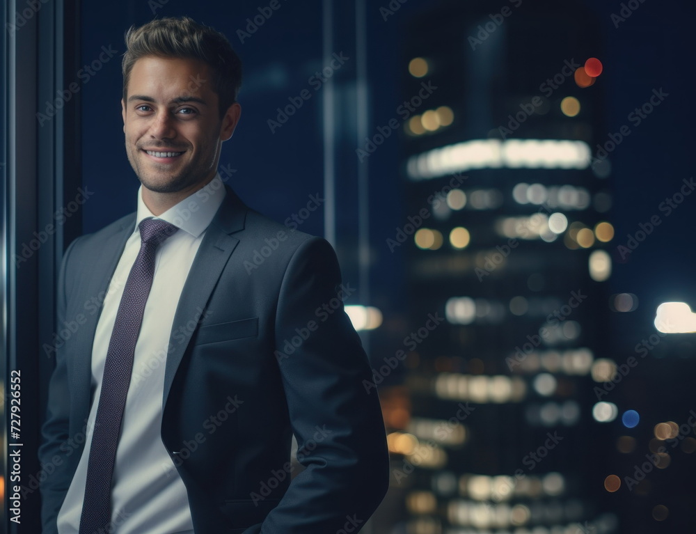 Portrait of handsome businessman looking at camera in office with city view
