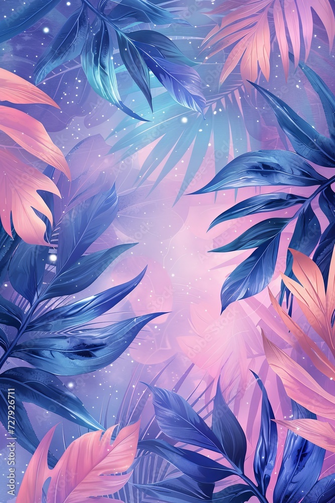 A dreamy blend of pastel tropical leaves amidst a tranquil starry background. 