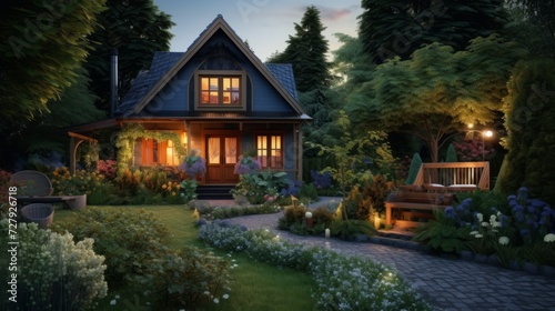Lonely illuminated villa in nature by a pond at dusk