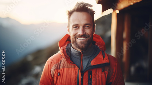 portrait of attractive middle aged man in sportive outfit, hiking outdoor in the mountains