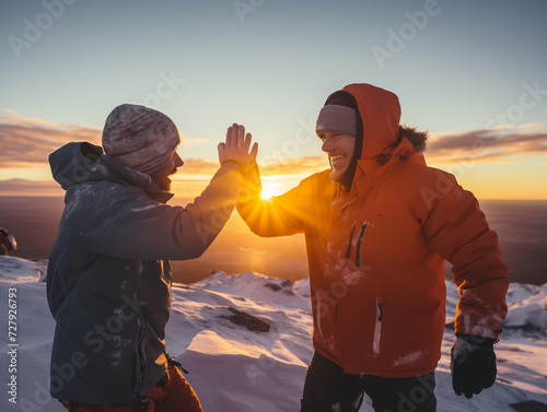 High five team members at sunset
