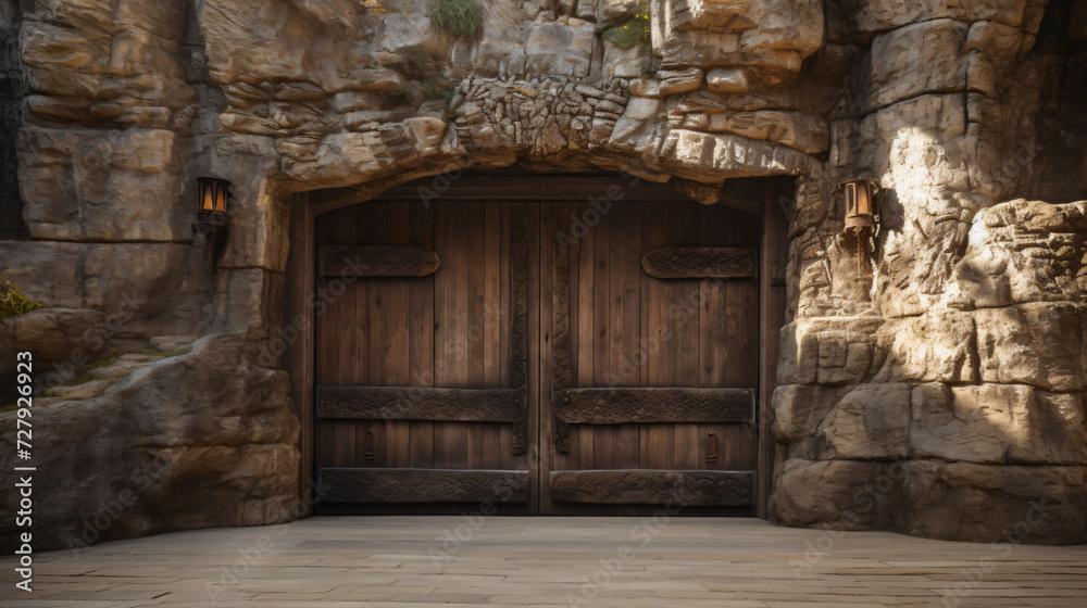 Large wooden door open in rock castle wall