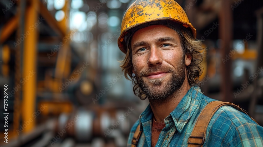 Cute Caucasian bearded construction worker with safety helmet on head Cute Caucasian bearded construction worker with safety helmet on head