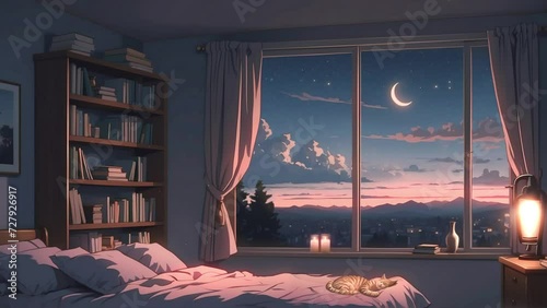 loop animation background, stream overlay, live wallpaper, cozy lo-fi living room, vtuber streamer asset twitch zoom OBS screen, anime chill hip hop.