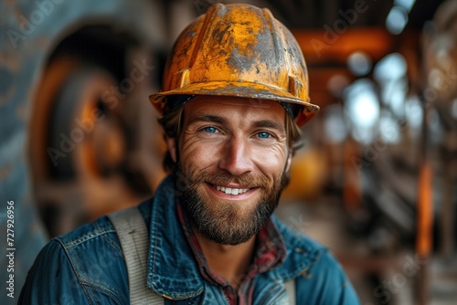 Cute Caucasian bearded construction worker with safety helmet on head