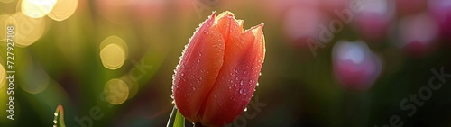 A macro shot of a single tulip with morning dew on its petals.