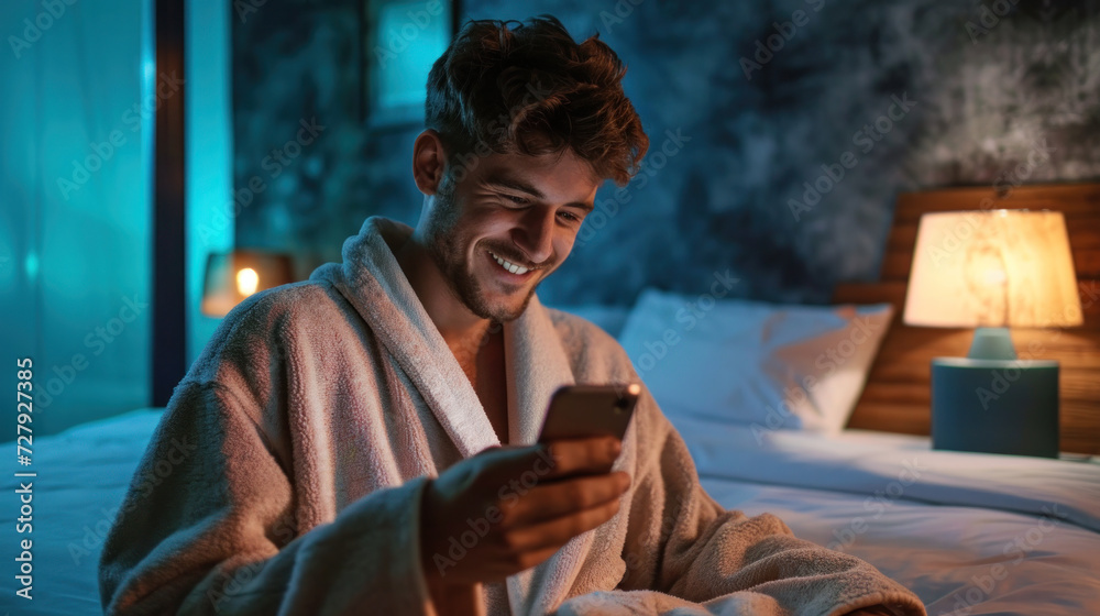 Male in bathrobe relaxing with smartphone in hotel room