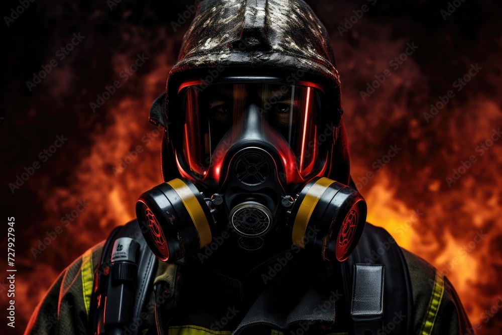 A firefighter wearing a gas mask and protective gear prepares for hazardous firefighting duties.
