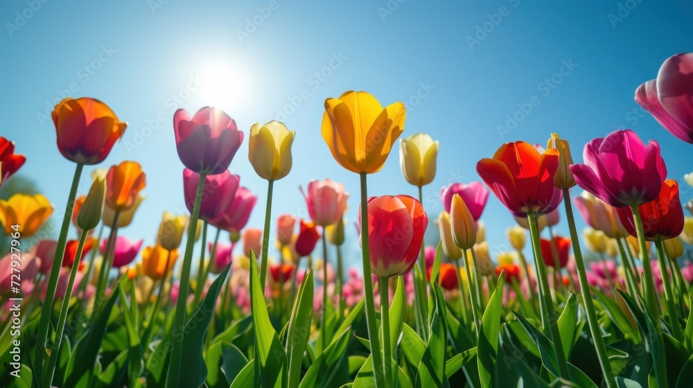 A field of colorful tulips against a clear, sunny sky.