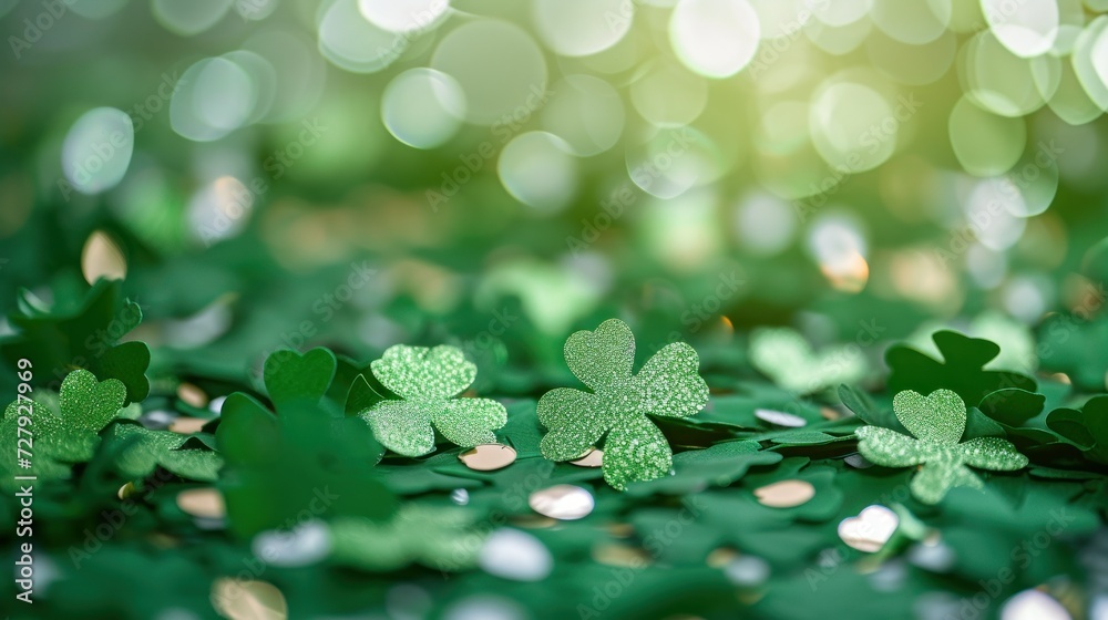 A close-up of shamrock decorations and green confetti.
