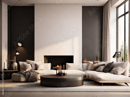 modern contemporary luxury interior design of a living room with couch and fireplace as modern home mockup banners © Durjoy Malakar
