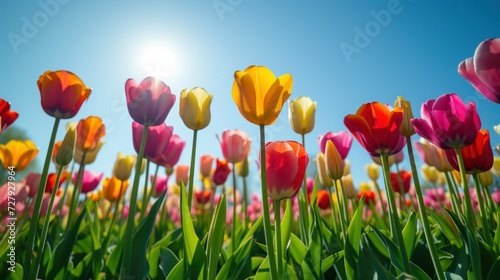 A field of colorful tulips against a clear  sunny sky.