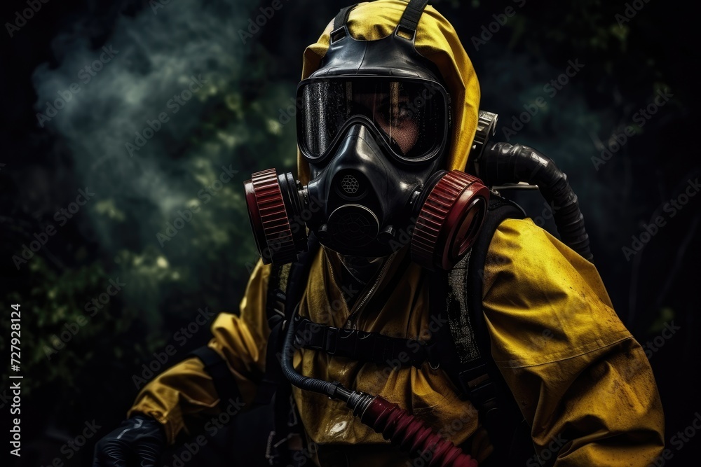 A man wearing a gas mask stands in a yellow and black suit.