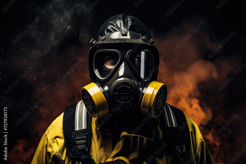 A firefighter equipped with a gas mask standing in front of a raging fire.