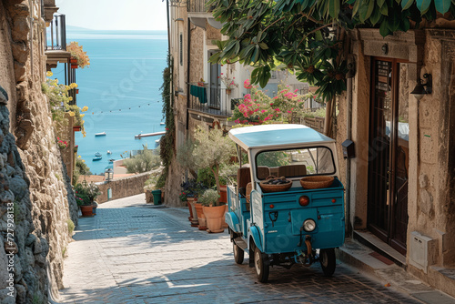 Fototapeta Naklejka Na Ścianę i Meble -  Three-wheeled light commercial vehicle Ape in the streets of Taormina in Sicily
