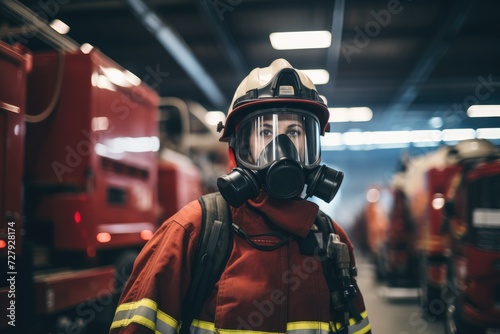 A fireman equipped with a helmet and goggles is seen inside a fire station.