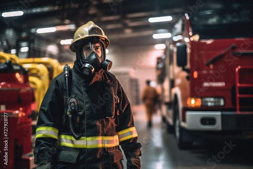 A firefighter stands confidently in front of a gleaming red fire truck, ready to respond to an emergency.