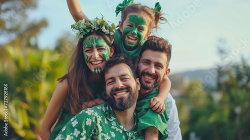 A family wearing matching green outfits and face paint, celebrating together. 