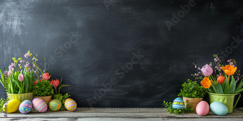 Top view of multicolored Easter eggs with flowers in a pot on a wooden table creating a border on a black background, leaving ample copy space. Perfect for festive social media content. Banner photo