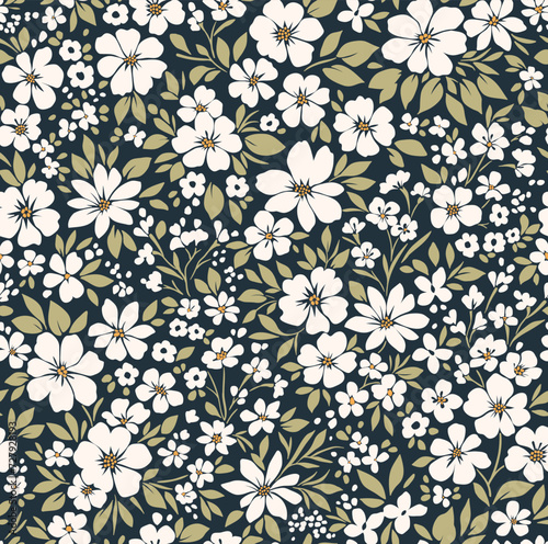 Ditsy floral pattern. Abstract flowers on dark background. Printing with small white flowers. Cute print. Seamless vector texture. Spring motif.